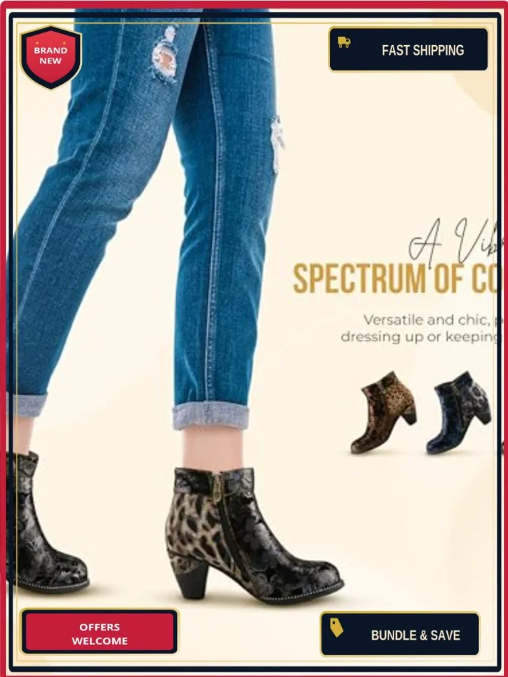 Faux Suede Ankle Booties Floral Velvet Block Heel Side Zip